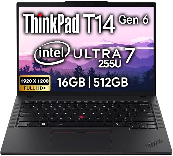Lenovo ThinkPad T14 Gen 6 Business Laptop 14" FHD+ IPS, Intel Ultra 7 255U, 16GB DDR5 RAM, 512GB SSD, 5MP Webcam, Fingerprint, Backlit, Wi-Fi 6E, 2 Thunderbolt 4, AI PC, W11P