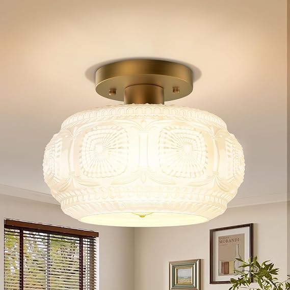 Milk Glass Semi Flush Mount Ceiling Light Fixture, Vintage Gold | Beautiful Light Shadow, Easy to Install, Bright Ambiance, Modern Lighting for Hallway Entryway Kitchen Bathroom Bedroom