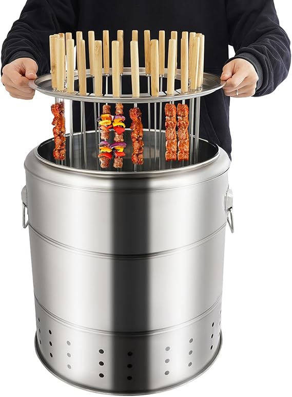 Smokeless Barbecue Grill With 28 Skewers, Stainless Steel Indoor Charcoal BBQ Stove Charcoal Braised Grill Barrel Large Capacity Portable 360 All Round Roasting Oven W/Handle