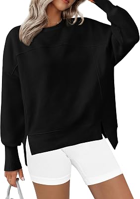 BTFBM Womens Casual Crewneck Sweatshirts 2026 Spring Fall Clothes Long Sleeve Side Slit Workout Fleece Pullover Tops