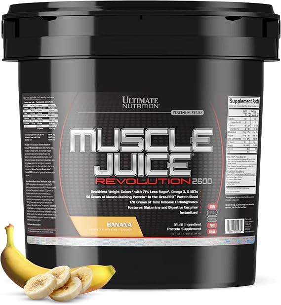 Ultimate Nutrition Muscle Juice Revolution 2600, Banana, 11.1 lb | 70g Octo-PROTM Protein Blend, 170g Time-Release Carbs, 1000mg Glutamine, Low Sugar High Calorie Mass Gainer For Recovery