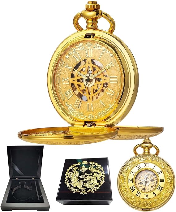 Mechanical Roman Numerals Dial Skeleton Pocket Watches with Box and Chains for Mens Women
