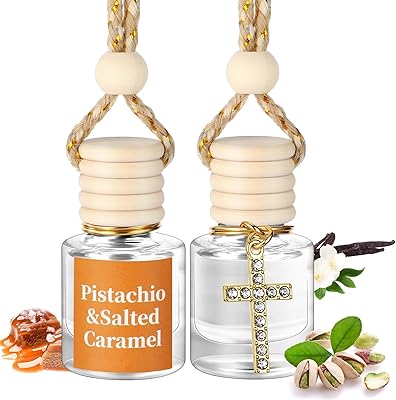 2 Pack Car Air Freshener Pistachio and Salted Caramel Hanging Essential Oil Diffuser Long Lasting Car Scent Automobile Aromatherapy with Rearview Mirror AccessoriesCross Pendant