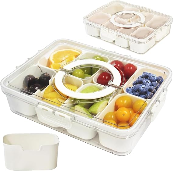 Snackle Box,Snack Box with compartments,Lidded and Handled compartmentalised Snack Tray, Food Storage Container for Parties and picnics, Transparent Storage Box for Vegetables, Sweets, Fruit and Nuts