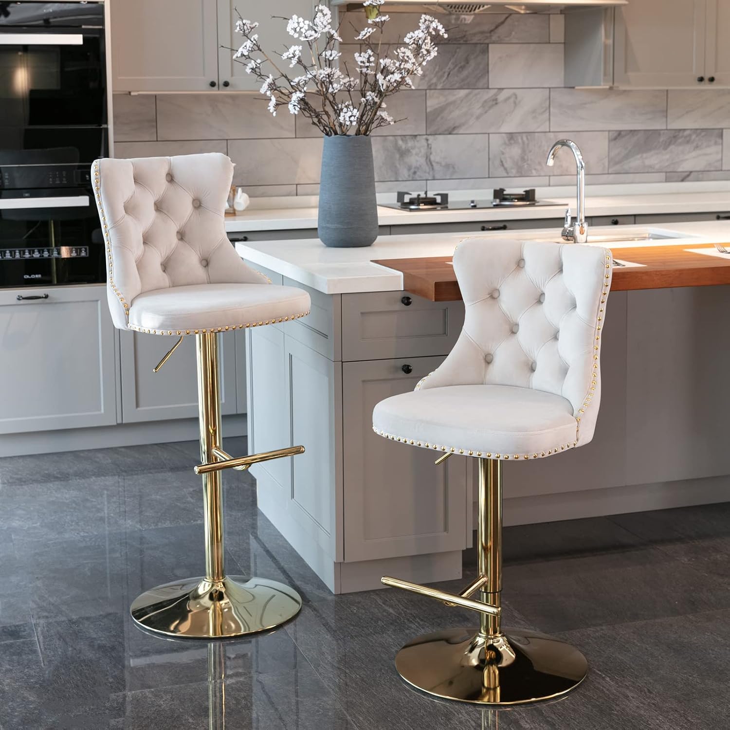 i-POOK Swivel Bar Stools Set of 2, Adjustable Counter Height Barstools with Nailheads Trim, Button Tufted Back and Golden Footrest, Velvet Bar Chairs for Dining Room Home Bar Kitchen Island, Beige