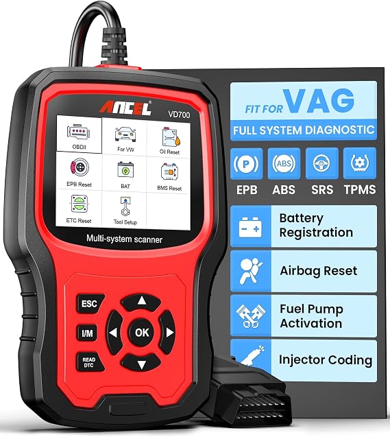ANCEL All System OBD2 Diagnostic Scanner fit for VAG Audi VW Seat Skoda | Vehicles Diagnosis Code Reader, Injector Adaption OBD Scanner, Oil TPMS EPB TPS Reset SAS DPF Scan Tool
