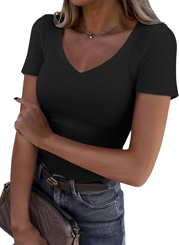 Roselux Women V Neck Ribbed Fitted Tight Tshirt Short Sleeve Shirt Basic Knit Top