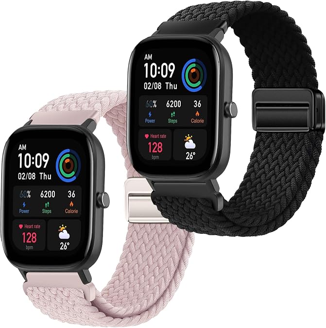 Elastic Braided Watch Strap 20mm Compatible with Amazfit GTS/GTS 2/2e/GTS 3/GTS 4/GTS 4 Mini/GTR Mini/GTR 42mm/Amazfit Active/Amazfit Bip/Bip U/Bip U Pro/Bip 3/Bip 3 Pro