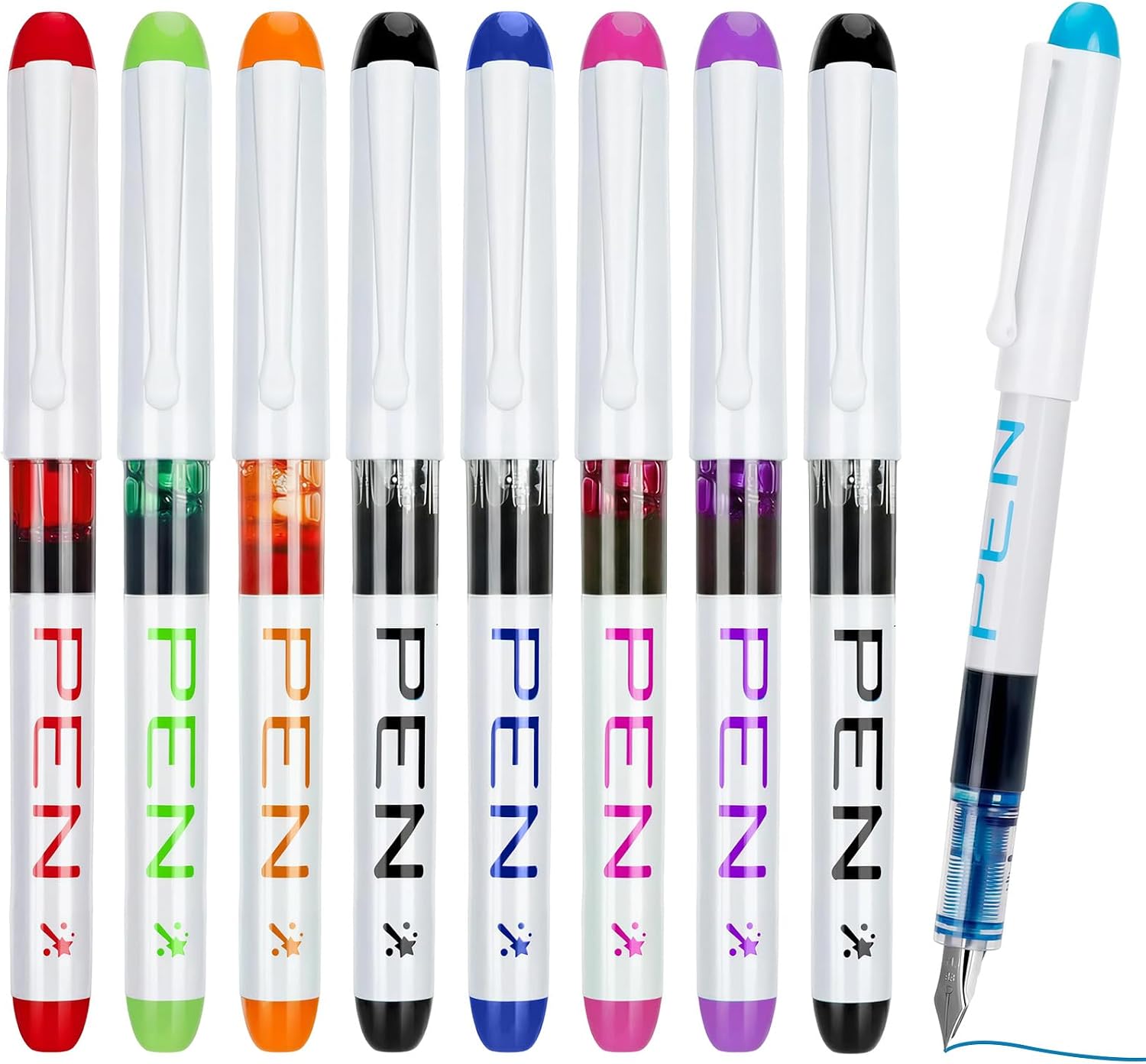 9 PCS Fountain Pens for Writing, 9 Colors Disposable Fountain Pen Set, Smooth Handwriting Pens, Ink Pens for Journaling Sketching, Calligraphy and Doodling 0.38MM