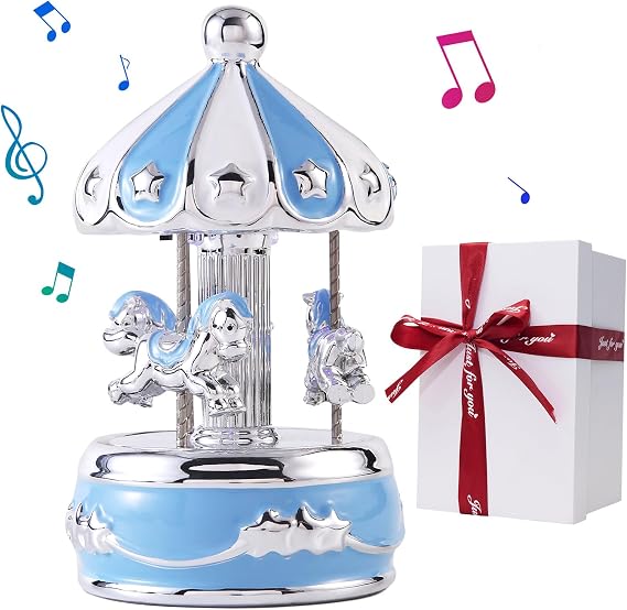 Carousel Music Box Gift Wrapped Ceramic Musical Carousel Color-Changing Lights Music Boxes for Girls Boys Kids Daughter Son Granddaughter Wife Mom Women Birthday Christmas (Blue Star)