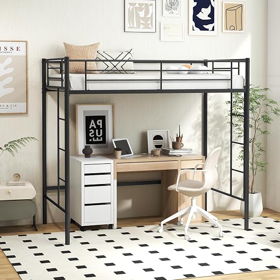 KOMFOTT Metal Loft Bed Frame Twin Size, Heavy-duty Steel Slats Support Loft Bed with Both Side Ladders & Guardrails, Space-Saving Twin Over Loft Bunk Bed Frame for Teens & Adults, No Box Spring Needed