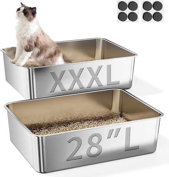 Jotesnew 2 Pack L Stainless Steel Litter Box,28" L*20" W*6" H Large Capacity Metal Cat Litter Box for Big & Multiple Cats,Anti-Leakage,Non-Stick Surface for Easy Cleaning,Odor-Resistant