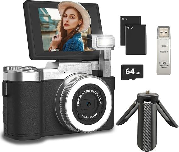 4K Digital Camera for Photography, 48MP Vlogging Camera for YouTube 2.8" 180 Flip Screen 18X Digital Zoom Compact Travel Cameras with 64GB SD Card & Card Reader,Mini Tripod,2 Batteries