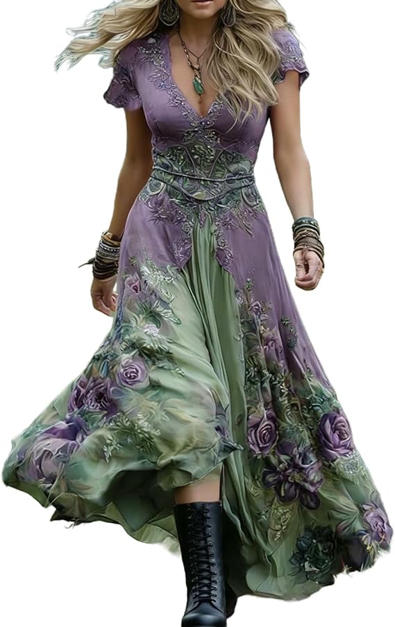 Women's Elegant Western Cowgirl Dresses Deep V Neck Short Sleeve Flowy Maxi Summer Dress Vintage Boho Sun Dresses
