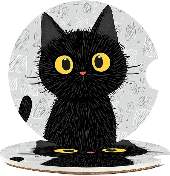 Ceramic Car Cup Holder Coasters Set of 2, 2.56 in Black Cat