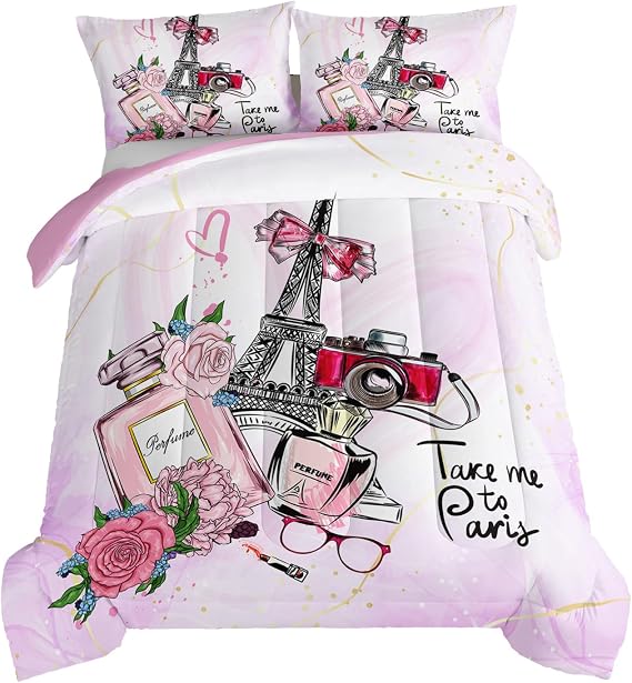 HOSIMA Romantic French Eiffel Tower Comforter Queen with 2 Pillowcases.