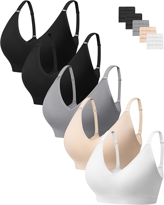 HBselect Bras for Women Comfort Wireless Deep-V Bralettes T Shirt Bras Tank | Everyday Comfort,Ultra-Soft,No Underwire,Full Coverage,Back Smoothing,Convertible Bralette,Deep-V Neck Ribbed,Multiple Pack