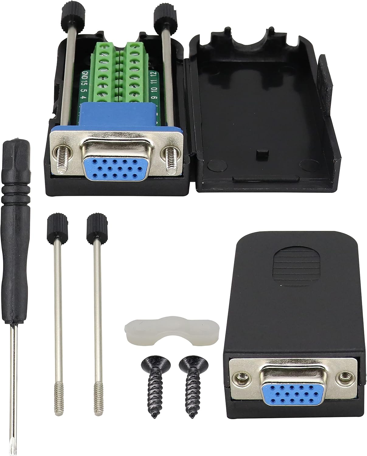 AAOTOKK VGA Bolt Screw Adapte DB15 VGA Female Jack Port to 15 PinWay Female Terminal Breakout Board Connector DB15 3 Row VGA Female Screw Terminal Block Adapter with Case&Screw 2PcakFemale