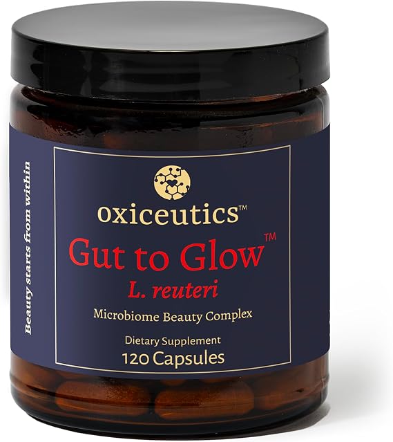 Oxiceutics Gut to Glow L. reuteri Probiotic with Marine Collagen, 120 Ct | With Hyaluronic Acid Lactobacillus reuteri and marine collagen capsules developed with William Davis, MD