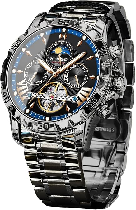 FORSINING Mechanical Men's Watch, Moon Phase Tourbillon Automatic Self-Wind Wristwatch, Luxury Stainless Steel Band 43mm Big Dial Mens Wrist Watch with 3 Sub Dial