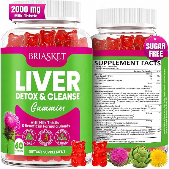 Liver Clean Detox & Repair Gummies, 2000 mg Milk Thistle Supplement | with Dandelion Root, Glutathione & Artichoke, 23-in-1 Herbal Formula for Liver Detox & Health, Sugar-Free, Vegan, 60 Gummies