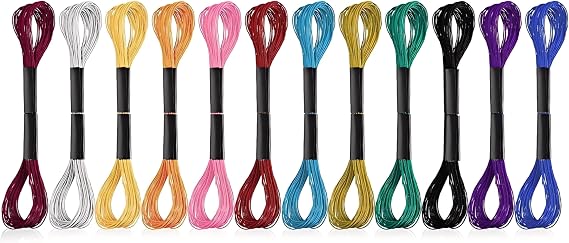 12 Skeins Multi-Color Glitter Metallic Embroidery Threads - Silk Satin Polyester Embroidery Floss for Cross Stitch, DIY Craft Projects & Friendship Bracelets