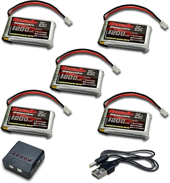 RoaringTop 3.7V Battery 1200mAh PH2.0 Plug with 5in1 Charger High Capacity Lipo Battery Fit for RC Drone Quadcopter Spare Parts