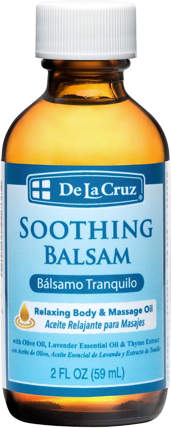 De La Cruz Soothing Massage Oil with Olive Oil, Lavender & Thyme, 2 fl oz | Massage Oil, Olive Oil, Lavender Essential Oil, Thyme, Skin Moisturizer, Fast Absorbing, Lightweight Oil