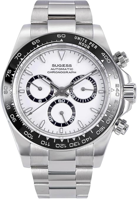 Sugess S418-2.002.S Chrono Racing Genuine Ceramic Bezel High Beat 41 Jewels SL4801 Chronograph Mens Watch, SILVER