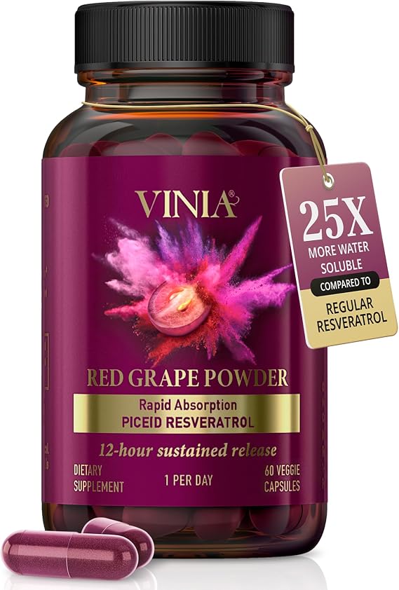 VINIA Blood Flow | Piceid Resveratrol Capsules | Vegan, Non-GMO, 60 Count | Heart Health | Healthy Blood Pressure Support* | Nitric Oxide Production | Red Grape Antioxidant Supplement