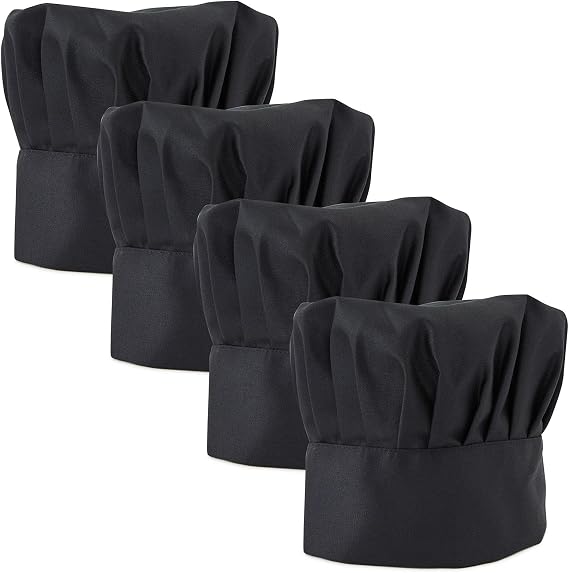 Black Chef Hats for Adults, Kitchen Caps for Bakers and Cooks (4 Pack)