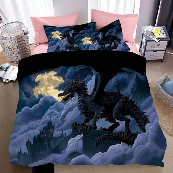 3D Duvet Cover Queen Size For Kids Teen Dark Blue Fantasy Hippie Animal Dragon Ancient Castle Bedding Sets With 2 Pillowcase,Print Comforter Cover Teen Boys Girls Bedroom Decor Bed Cover 3 Piece