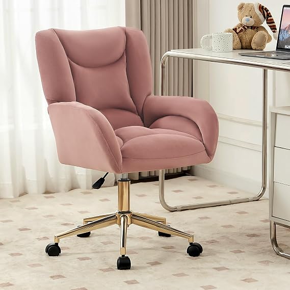FOXHUNTER Vanity Chair with Wheels 360Swivel Office Chair Velvet, Pink