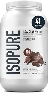 Isopure Low Carb 100% Pure Whey Isolate Protein Powder, Gluten Free, With Vitamins, Dutch Chocolate, 25g Protein Per Serving, 3.07 Lbs, 41 Servings (Packaging May Vary)