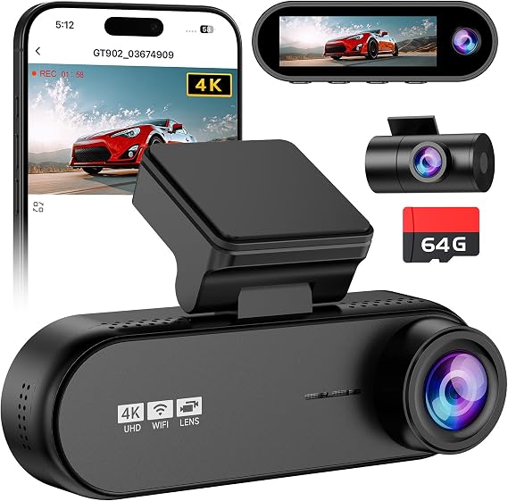 GT902 Dashcam 4K 3 Channel Dash Cam Front Rear Inside, True 170 Wide Angle, 3.19" IPS Screen 2.4G WiFi Custom APP Control, Loop Recording Collision Lock G-Sensor Parking Monitor, 256GB Storage Max