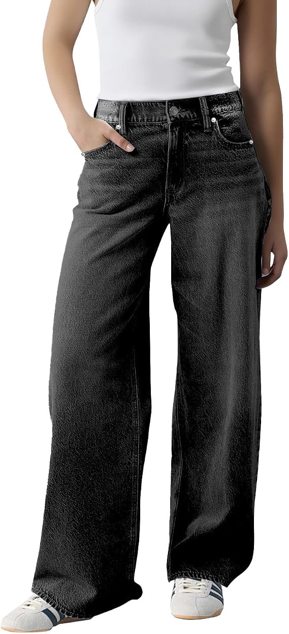 Pull on Wide Leg Jeans for Women UK, High Waisted Stretchy Baggy Trendy Tummy Control Straight Leg Jeans Denim Pants with Pockets Loosefit Y2K Slim Fit Boyfriend Denim Elasticated Pants