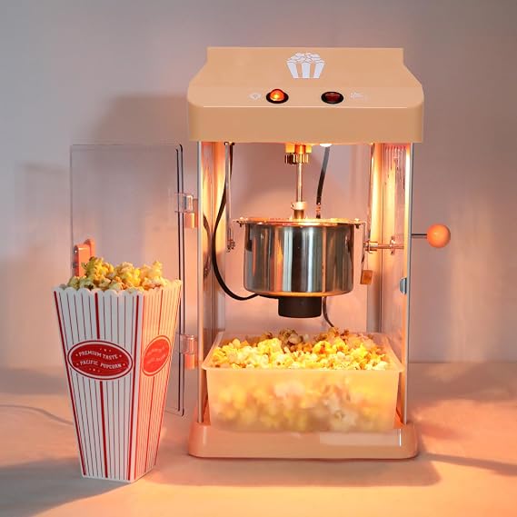 Countertop Popcorn Machine, 300 W Countertop Popcorn Maker, With Stainless-Steel 4 Oz Kettle and a 10W heating lamp, Removable Popcorn tray, With Two switches