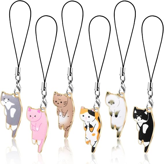 Yinkin 6 Pcs Cat Phone Charm Kawaii Cell Phone Charms Cute Hanging Cat Strap Aesthetic Animal Hanging Chain Accessories for Decoration, Backpack, Wallet, Keychain Pendant