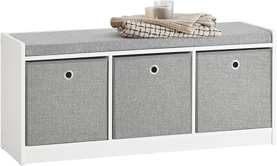 Haotian Entryway Storage Bench with 3 Baskets, Bed Ottoman Storage Cubes, Hallway Livingroom Shoe Bench Shoe Rack Shoe Cabinet with Seat Cushion, Grey, FSR65-DG