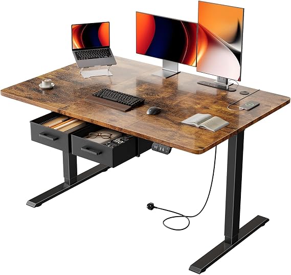 120x80cm Electric Standing Desk, 2 Drawers, Power Outlet