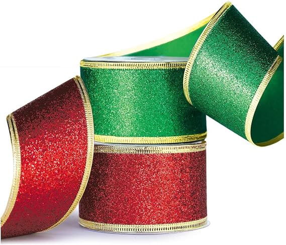 Christmas Tree Ribbon Red and Green Christmas Ribbon Wired Glitter Xmas 2