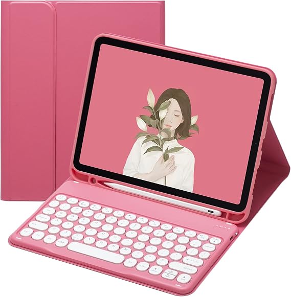 iPad 10th Generation Keyboard case iPad 10(2022) 10.9 inch case with Keyboard Cute Round Key Detachable Bluetooth Keyboard with Pencil Holder,Dark Pink