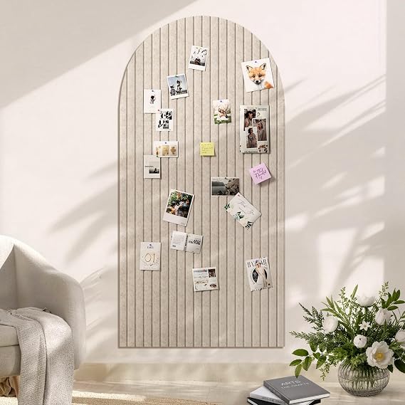Large Arched Felt Bulletin Board, 48"x24", Oatmeal | Cork Board Alternative, 3 Foldable Adhesive Tiles, 50 Push Pins, Office Wall Decor, Pin Boards for Pictures & Photos Display