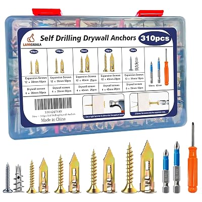 310PCS Self Drilling Drywall Anchors with Screws Kit,5-Sizes Metal Expansion Bolt for Dry Wall,155 PCS Sheetrock Anchors and 155 PCS Screws-No Drill Needed