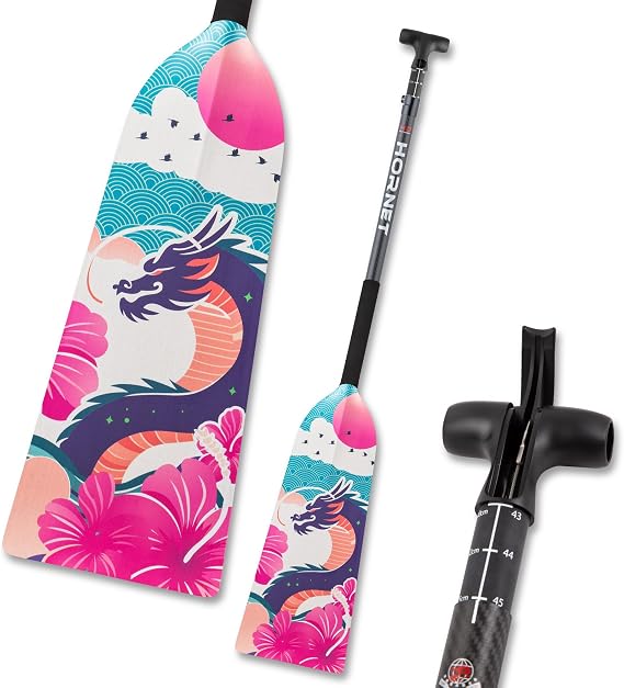 Hornet Watersports Dragon Boat Paddle - Dragon Garden Design - Adjustable Carbon Fiber Dragon Boat Paddle - IDBF Approved