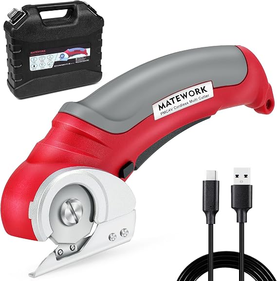 Matework Cordless Electric Scissors, 4V Multi-Cutter with Suitcase, 2000 mAh Cardboard Cutter with Self-sharpening Blade, Power Rotary Scissors for Carpet Leather