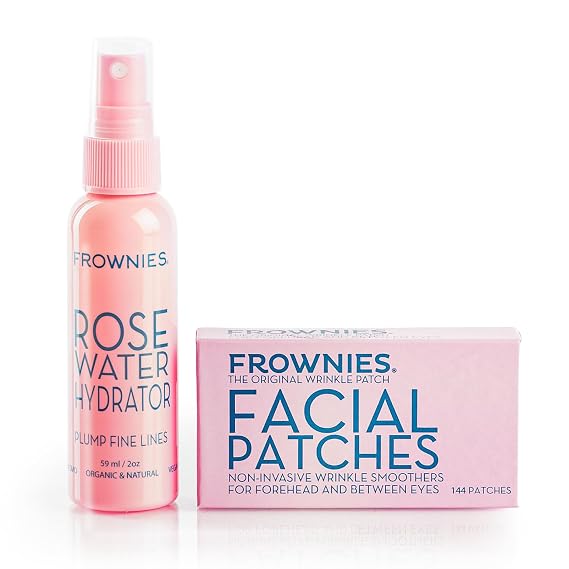 Frownies Forehead Wrinkle Patches & Rose Water Hydrator Kit | 144 Wrinkle Patches with 2 oz Rose Water Face Spray