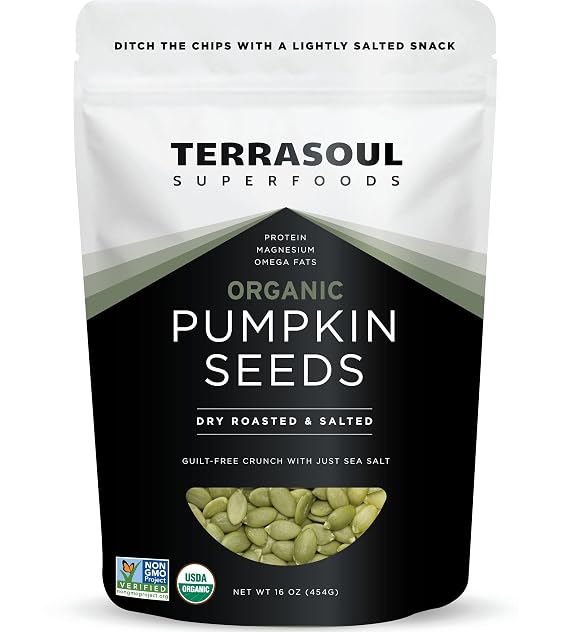 Terrasoul Superfoods Organic Dry-Roasted Salted Pumpkin Seeds (Pepitas), 16oz Non-GMO, Gluten-Free, Vegan, Keto-Friendly, Shelf-Stable, Resealable Bag