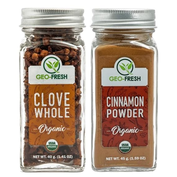 Geo-Fresh Organic Whole Cloves 1.41 oz & Cinnamon Powder 1.59 oz - Cloves Whole Organic & Cassia Cinnamon Powder - USDA Certified, Non-GMO Spices for Tea, Cooking, and Wellness