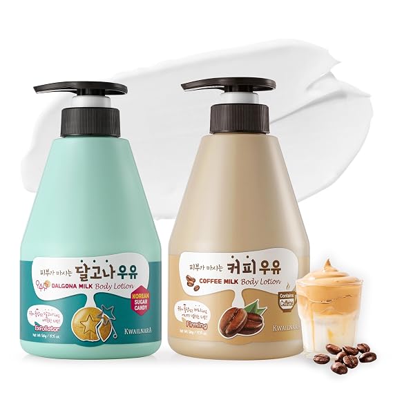 WELCOS Kwailnara Dalgona & Coffee Milk Body Lotion Set Hydrating & Smoothing Korean Skincare Duo with Black Sugar & Coffee Extract, 560g / 19.75oz Each